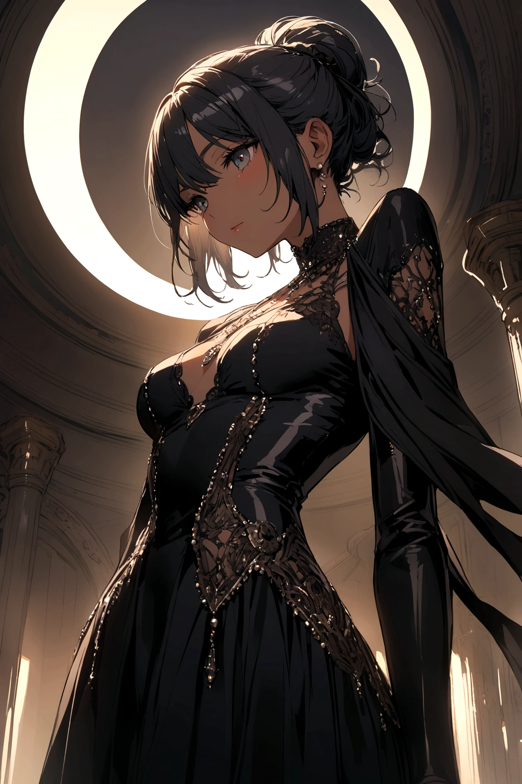 masterpiece, best quality, high-resolution, finely detailed, extremely detailed and beautiful, distinct image, 1 girl, solo, beautiful young teenage girl, 13 years old, tanned white skin, long loose and flowing silky negligee sleepwear, short shoulder length hair, sleek dark violet-black hair, Pixie cut hair, big round velvet colored eyes, fringe bangs over forehead, oval shaped face, sharp facial features, high-bridged nose, full cherry pink lips. medium height(172cm). D-cup breasts, small narrow waist. small delicate curvy hips, smooth silky thick thighs, large round ass, hourglass figure, slender and slim build with a toned and fit physique, 4 pack toned stomach, standing upright, full body picture, hip-level shot. classy and opulent bedroom setting