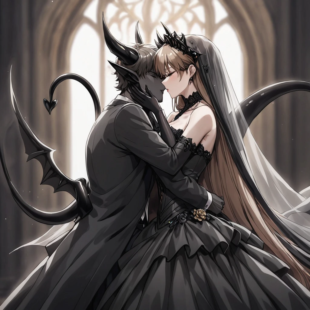((Highest quality)), ((masterpiece)), (detailed), （Perfect Face）、The woman is a sexy devil with jet black skin、The woman is a jet-black female demon with magnificent devil horns, jet-black devil wings, and a jet-black tail. Her skin is jet-black, and she is wearing a luxurious black Gothic Victorian wedding dress and a black wedding veil. She is embracing the dignified and powerful Great Demon King, kissing him in vows, and is getting married to him while he loves her whole body. She is the jet-black demon Princess Leona, with medium-long light brown hair, a demon in both body and mind, and has the expression of a maiden in love.、The man is a dignified and powerful demon king, and they embrace the woman, kiss each other as they hold a wedding ceremony, loving and adoring each other.