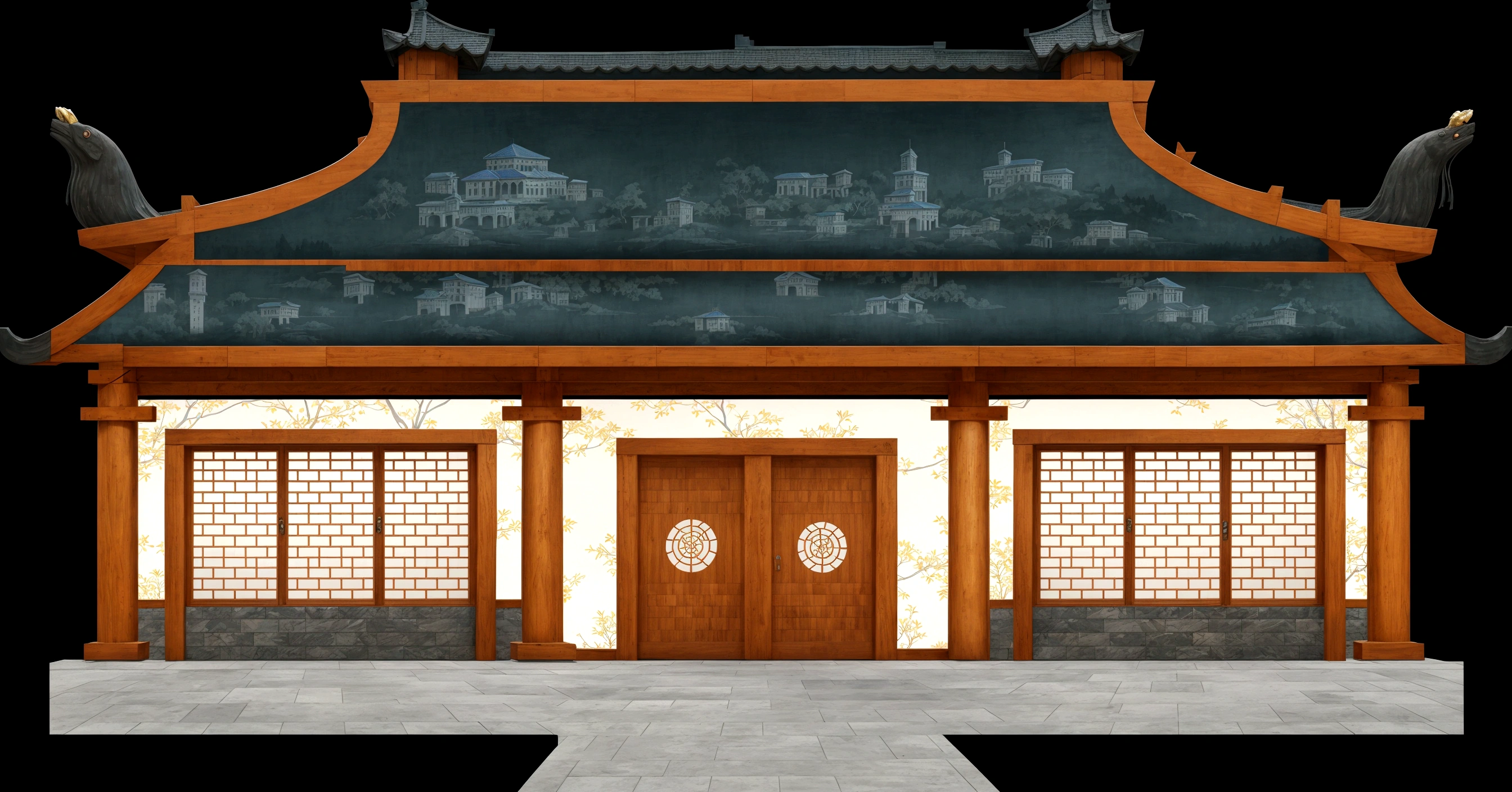 illustration of a traditional chinese building with a blue roof and a door, zen temple background, temple background, background depicting a temple, japanese temple, chinese building, korean traditional palace, digital painting of a pagoda, japanese house, an extremely detailed building, with a chinese temple, european japanese buildings, palace background, ancient japanese architecture, chinese palace, chinese temple, chinese style