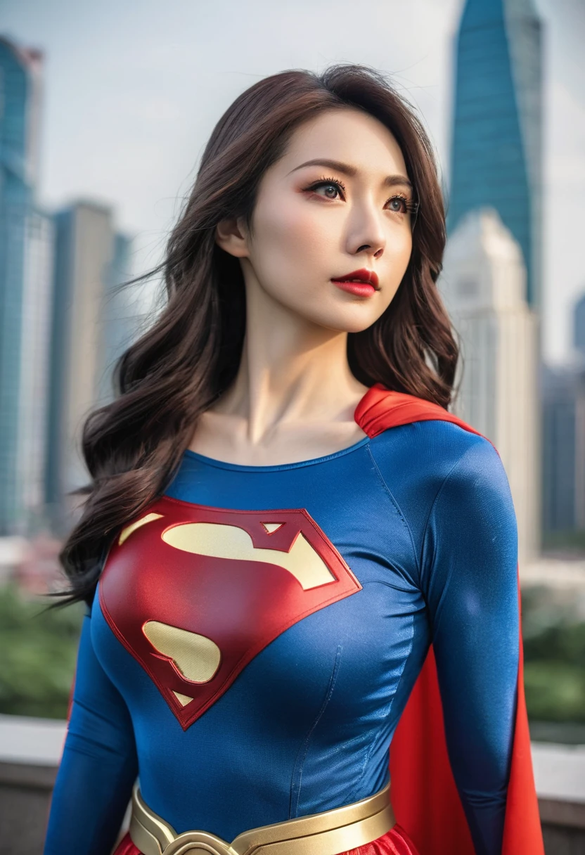 a close up of a asia woman in a superman costume standing on a cityscape, amouranth as a super villain, super photo realistic, realistic cosplay, super photo-realistic, ultra mega super hyper realistic, super-hero girl, super realistic photo, superhero body, highly detailed giantess shot, supergirl, superhero, superhero portrait, super model, super hero, super photorealistic, gigantic breasts, showing Vulvas muscular body, sexy body,