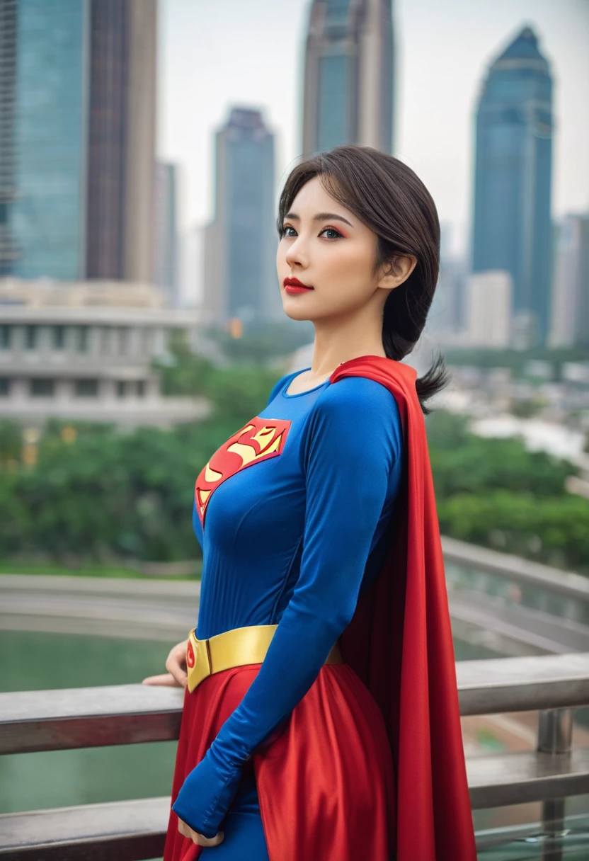 a close up of a asia woman in a superman costume standing on a cityscape, amouranth as a super villain, super photo realistic, realistic cosplay, super photo-realistic, ultra mega super hyper realistic, super-hero girl, super realistic photo, superhero body, highly detailed giantess shot, supergirl, superhero, superhero portrait, super model, super hero, super photorealistic, gigantic breasts, showing Vulvas muscular body, sexy body,