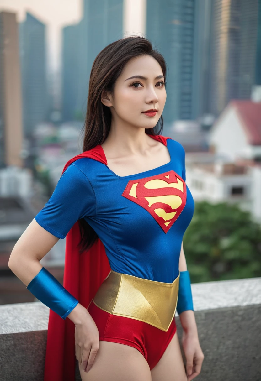 a close up of a asia woman in a superman costume standing on a cityscape, amouranth as a super villain, super photo realistic, realistic cosplay, super photo-realistic, ultra mega super hyper realistic, super-hero girl, super realistic photo, superhero body, highly detailed giantess shot, supergirl, superhero, superhero portrait, super model, super hero, super photorealistic, gigantic breasts, showing Vulvas muscular body, sexy body,