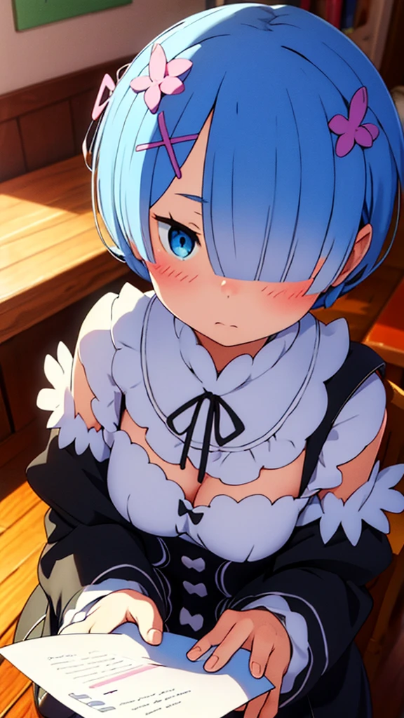 Rem Handing a love letter to the viewer with her cheeks a little blushing 