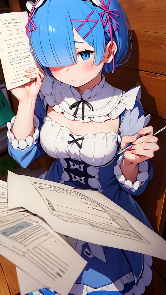 Rem Handing a love letter to the viewer with her cheeks a little blushing 