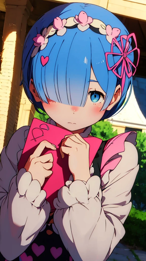 Rem Handing a love letter to the viewer with her cheeks a little blushing 