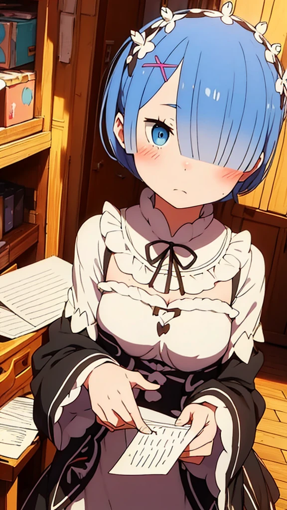 Rem Handing a love letter to the viewer with her cheeks a little blushing 