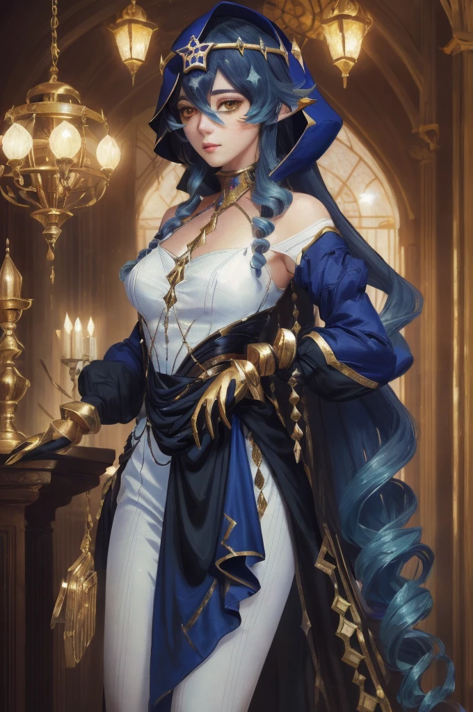 Beautiful Mature Woman,Realistic, masterpiece, Final details, photos realistic, intricate details, Octane Rendering, 8K, 1girll, Full body perfect face, Beautiful face, nswt, Tank Reference, Detail Hair,, Black bow, Black Gloves, Black paws, Blue eyes, Blue hair, Bow, Dress, Drill Hair, frilled, mitts, Gwen, Head dress, high resolution, Long hair, Parted Lip, Puffy sleeves, Purple eyes, Smile, Solo, White Dress, Oil skin,