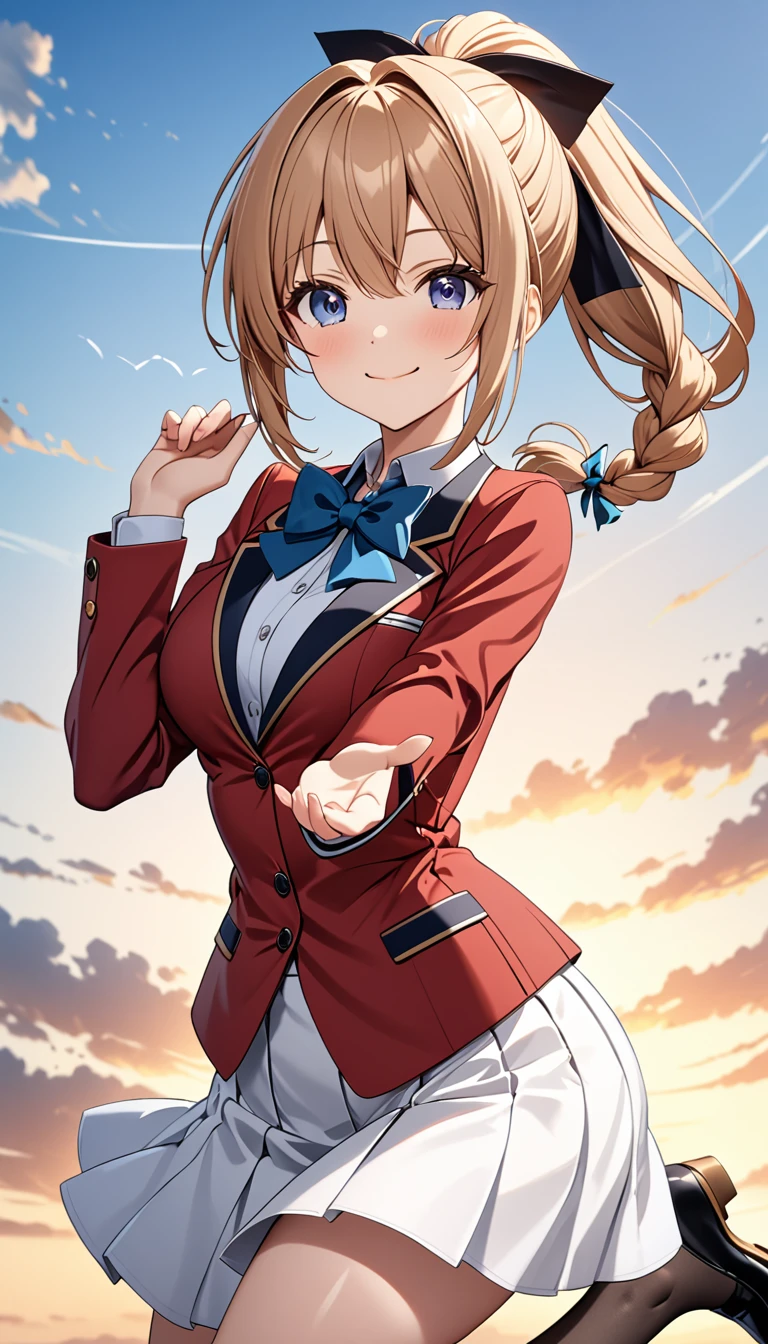 masterpiece, best quality, highres, ponytail hair, (single braid:1.2), hair ribbon, red blazer,buttoned blazer, blue bowtie, long sleeves, white skirt,smile,jumping ,posing,from front,background the sky, closed mouth,score_9, score_8_up, score_7_up, score_6_up, source_anime 