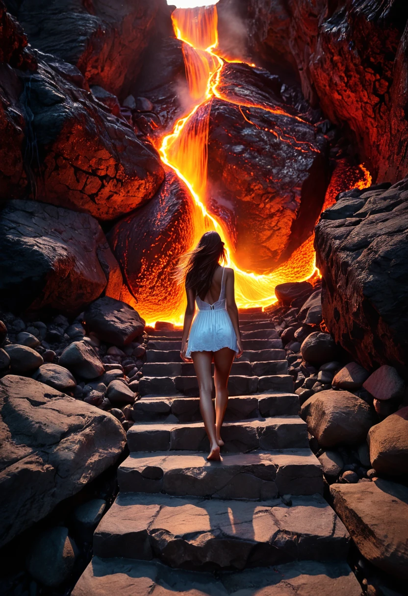 photo RAW, 8k, cinematic, She descends, step by step, down the stone stairs, The steps rough beneath her bare feet. The sunlight fades, swallowed by shadows, as the heat of the heat envelops your skin.The air is thick, permeated with the breath of the earth, And the echo of its breaths resonates on the fiery walls. His hair flames like raging embers, And his eyes reflect the glow of the depths.The rocks drip liquid, incandescent lava, Like tears from the world's own burning heart. She does not fear the darkness, nor the roar of the bowels, For her soul is forged in the furnace of passion and courage.