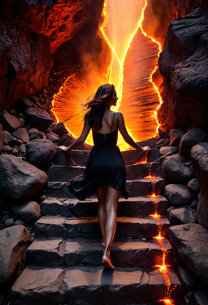 photo RAW, 8k, cinematic, She descends, step by step, down the stone stairs, The steps rough beneath her bare feet. The sunlight fades, swallowed by shadows, as the heat of the heat envelops your skin.The air is thick, permeated with the breath of the earth, And the echo of its breaths resonates on the fiery walls. His hair flames like raging embers, And his eyes reflect the glow of the depths.The rocks drip liquid, incandescent lava, Like tears from the world's own burning heart. She does not fear the darkness, nor the roar of the bowels, For her soul is forged in the furnace of passion and courage.