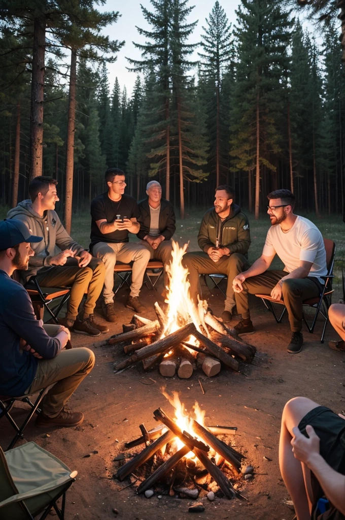 Create a camp, where there are several adult men gathered around a campfire to hunt