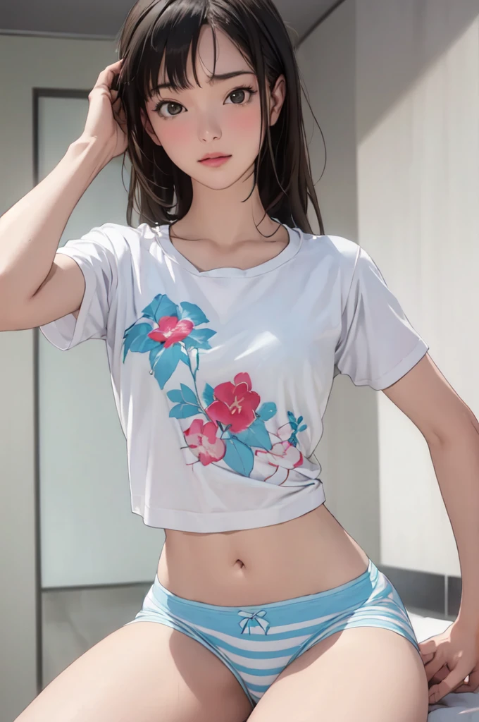 ((masterpiece, best quality)),((highres:1.2)), 1 Girl, solo, Blurred Background, (((Small breasts))), Thighs, (Stripe underwear), Print T-Shirts,