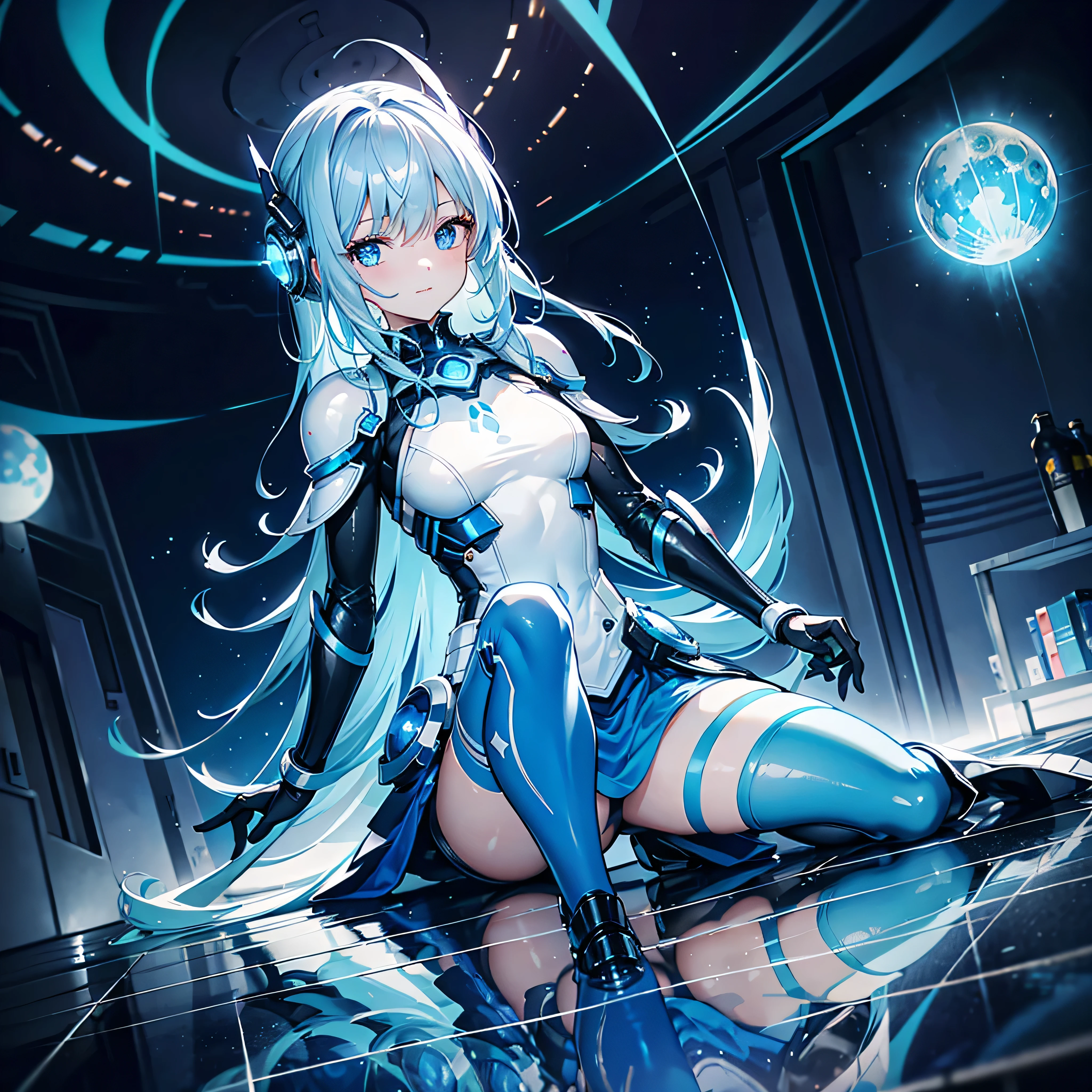 8K, Highest quality, (real:1.4), Original photo, 1 girl, Asari Hair, Biological Amplifier, Very sleek and futuristic armor, posture: Peace talks between warring factions,,attention arousal, smart blue eyes,A modest smile,Knee-high boots,Patent-look blue tights,Blue big moon and blue light swirl in the background,Blue light from behind,blue light magic,A small, glowing blue ball in the palm of your hand,Blue flame swirl,Blue Comet,Polished floor,