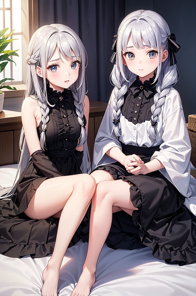 ((2 girls))、((smile))、blush、black shirt、blouse、((fun))、(small breasts)、（small breasts）、Chirarism、black hair、(single braid)、((white apron:1.5))、((maid))、((hair ornaments)),  thighs, 壊す in house, ((in house:1.5))、 BREAK looking at viewer、torn skirt，(grab the skirt:1.0)、 (perfect hands, perfect anatomy),cowboy shot、((shaved pussy:1.5))、(skirt that rolls up:1.3)、(Highly detailed labia fully exposed:1.5)、(Photo seen from below:1.3)、skirtlift