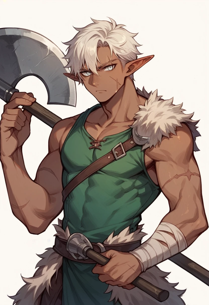 ((tanned elf boy))), (((best quality))), (((highres:1.1))), (((yellow eyes glowing))), (((silver hair))), (((solo))), (blacksmith:1.2), (normal color fantasy medieval adventurer outfit jacket pants armor)