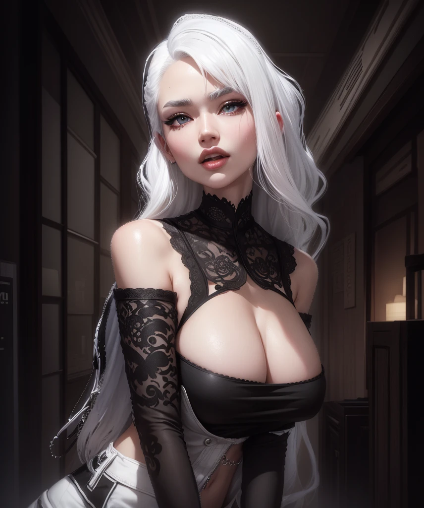 AVATAR SECOND LIFE Korean girl black blouse , asiática White hair, White hair, White hair, Perfect and detailed face, imvu, maximalist details, AVATAR SECOND LIFE Korean blouse and pants , neon, White hair, jeans