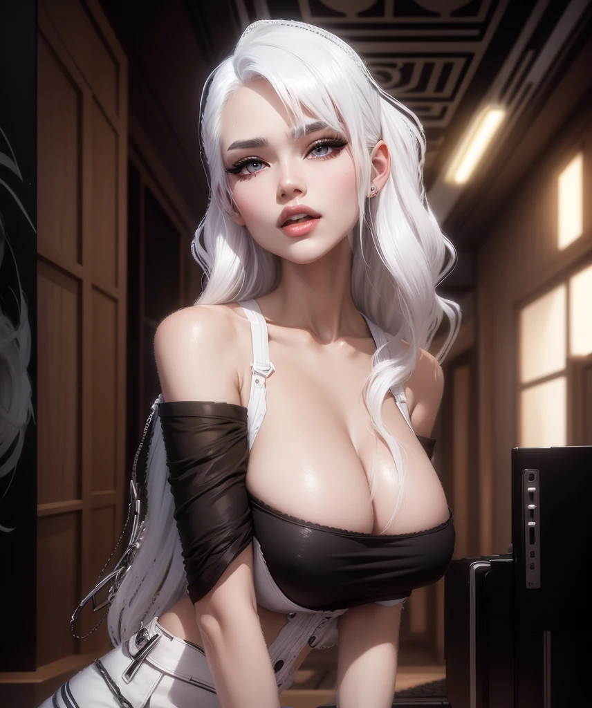 AVATAR SECOND LIFE Korean girl black blouse , asiática White hair, White hair, White hair, Perfect and detailed face, imvu, maximalist details, AVATAR SECOND LIFE Korean blouse and pants , neon, White hair, jeans