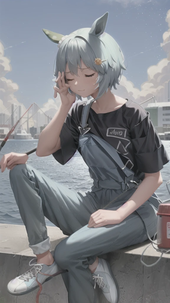 UNDERWEAR,masterpiece, best quality, 
seiun sky \(umamusume\), 
suspenders pants, overalls jumpsuits, black shirt, short sleeves, white footwear, sneakers, one-side off shoulder,
blue sky, yawning, closed eyes, sitting on wharf, fishing
