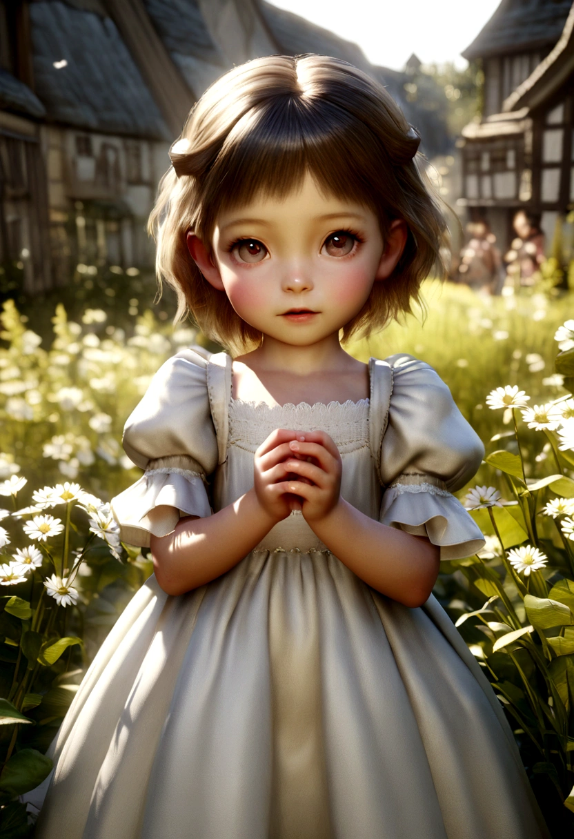 A young girl, around , with a baby-like appearance, exuding an innocent and charming cuteness, gazes directly at the camera in a realistic and lifelike portrayal. The scene is depicted in a 3D format, capturing the essence of childhood with a touch of purity and vulnerability, underwire showing,