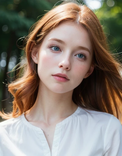 best qualityer, Facial Focus, smooth light, ultra high resolution, (photorrealistic:1.4), CRU photo,
1 redhead girl, alone, cute, (schoolboy, lights in the eyes),  detailed gorgeous face, (smallbreast),(high resolution detail of human skin texture),
(long wavy hair),
hinterland,
White shirt dress,
(portraite)