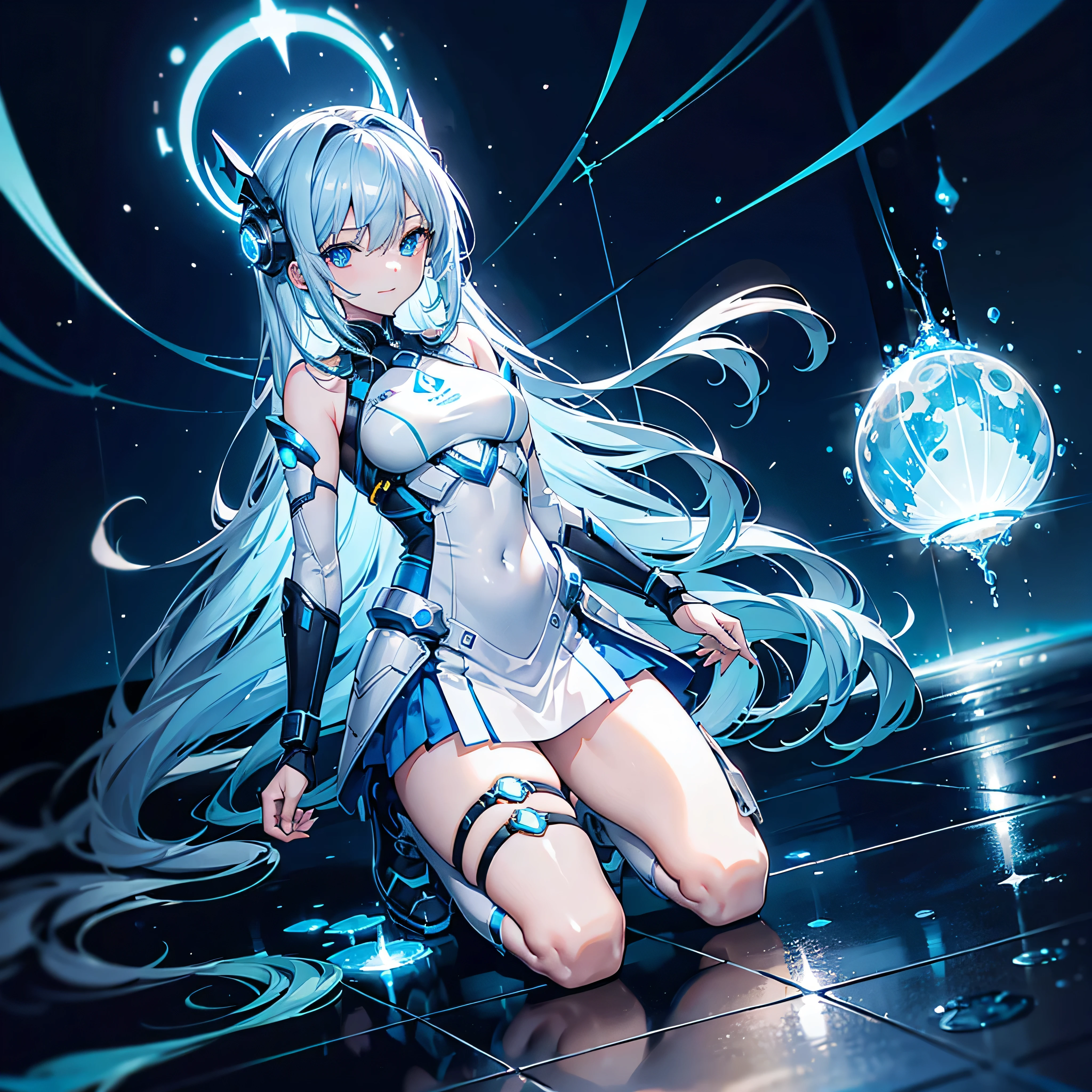 8K, Highest quality, (real:1.4), Original photo, 1 girl, Asari Hair, Biological Amplifier, Very sleek and futuristic armor, posture: Peace talks between warring factions,,attention arousal, smart blue eyes,A modest smile,Knee-high boots,Patent-look blue tights,Blue big moon and blue light swirl in the background,Blue light from behind,blue light magic,A small, glowing blue ball in the palm of your hand,Blue flame swirl,Blue Comet,Polished floor,