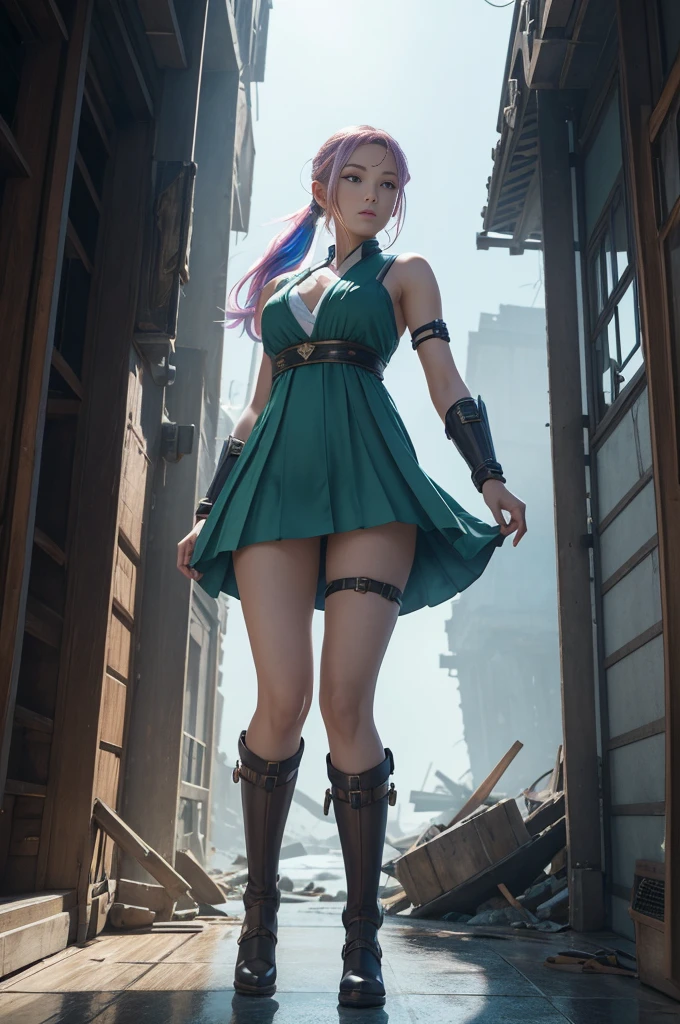 Cute redhead, gravure idol, with rainbow colored hair tips, ribbons in her hair, 18-year-old woman, happy, in twin tails, perfect symmetrical eyes, clear sparkling blue eyes, pale skin, silky smooth skin, standing on a fancy luxurious space ship, large futuristic corridor, control panels, wood trim, decorative plants, warm lighting, wearing a futuristic party dress, pleated (chemise) mini dress (pastel rainbow colors, and polka dots), wearing full body pantyhose, cute short cut booties, There was a woman standing on the pier in a village., Realistic fantasy rendering, Fantasy style 8 k Octane rendering, 3D rendering and matte painting, Film photography art concept, (Octane rendering) Fantasy style, Japonisme 3 d 8 k ultra fine, 2. 5d cgi anime fantasy artwork, Amazing authentic concept art., Artwork in the style of gouache, There was a man in green clothing jumping over a pile of rubble., Top at Fong, dramatic Movie-style action scenes, Stunning action photography, Epic Action, standing on a pile of rubble, Amazing action shots, Realistic fantasy photography, Epic Action Shooter, Image management, Movie-style action scenes, Avatar The Last Airbender, Profile picture 1024px