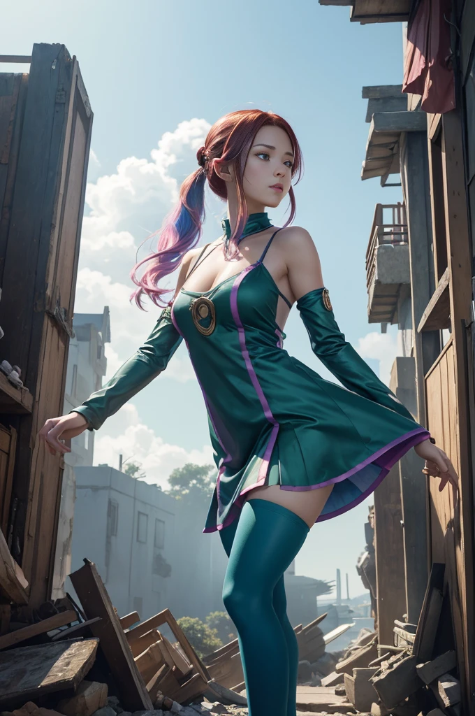 Cute redhead, gravure idol, with rainbow colored hair tips, ribbons in her hair, 18-year-old woman, happy, in twin tails, perfect symmetrical eyes, clear sparkling blue eyes, pale skin, silky smooth skin, standing on a fancy luxurious space ship, large futuristic corridor, control panels, wood trim, decorative plants, warm lighting, wearing a futuristic party dress, pleated (chemise) mini dress (pastel rainbow colors, and polka dots), wearing full body pantyhose, cute short cut booties, There was a woman standing on the pier in a village., Realistic fantasy rendering, Fantasy style 8 k Octane rendering, 3D rendering and matte painting, Film photography art concept, (Octane rendering) Fantasy style, Japonisme 3 d 8 k ultra fine, 2. 5d cgi anime fantasy artwork, Amazing authentic concept art., Artwork in the style of gouache, There was a man in green clothing jumping over a pile of rubble., Top at Fong, dramatic Movie-style action scenes, Stunning action photography, Epic Action, standing on a pile of rubble, Amazing action shots, Realistic fantasy photography, Epic Action Shooter, Image management, Movie-style action scenes, Avatar The Last Airbender, Profile picture 1024px