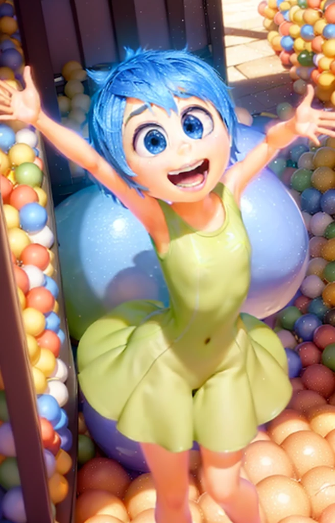 work of art, best qualityer, (cheerfulness_InsideOut, yellow skin), in a ball pit, glad, giggling, green dress,  pixar, animated cartoon, 3D rendering, 