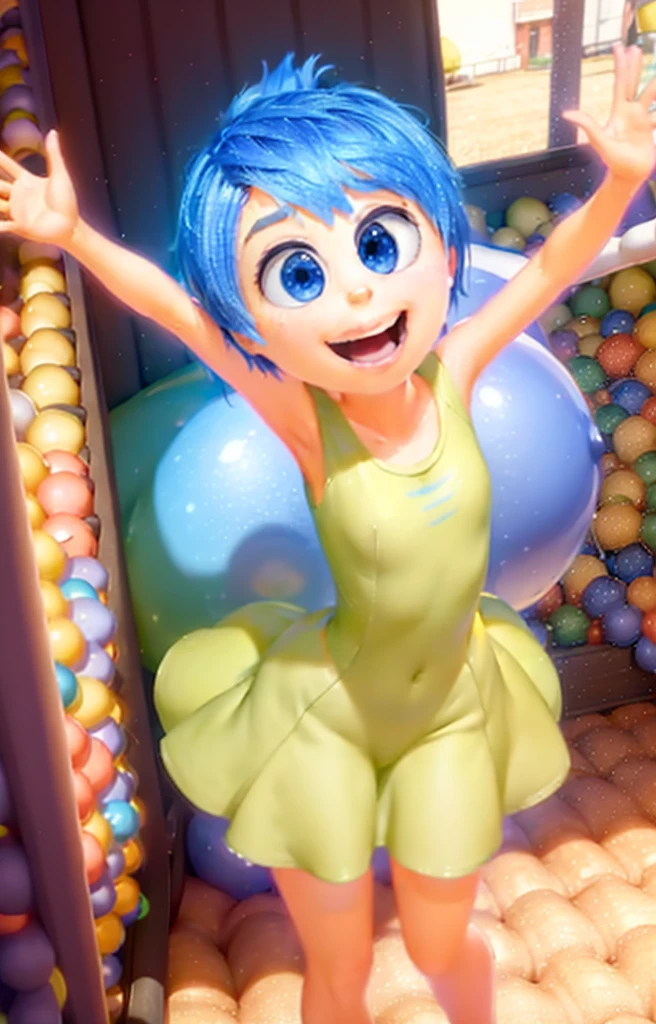 work of art, best qualityer, (cheerfulness_InsideOut, yellow skin), in a ball pit, glad, giggling, green dress,  pixar, animated cartoon, 3D rendering, 