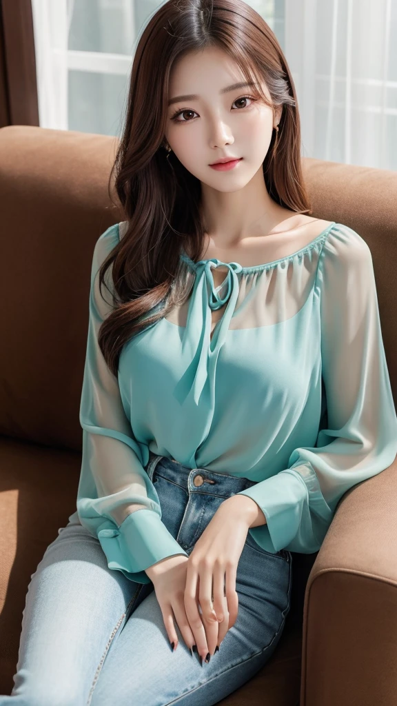 Close-up of a beautiful woman in a blouse sitting and relaxing on a sofa, Gorgeous Young Korean Woman, The blouse is very transparent, My heart is beating fast when I see your loose chest