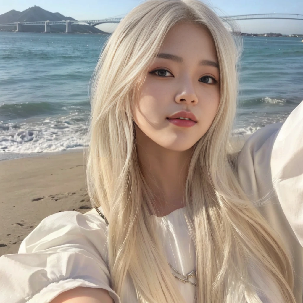 Arafed woman taking a selfie on the beach with a bridge in the background, Her hair is white, with long white hair, roseanne park by blackpink, with long white hair, heonhwa choe, long white hair and bangs, flowing white hair, jaeyeon nam, profile picture, girl with white hair, Perfect white hair girl, beautiful south korean woman, kpop idol face, kpop idol face, kpop idol female face.