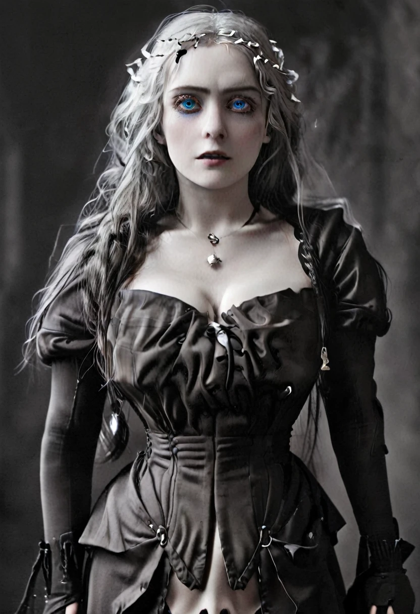 a woman with long white hair and blue eyes, pale skin, expression of sadness, victorian black dress, open neckline, long breasts, in a dark horror environment, detailed face, extremely detailed eyes, beautiful detailed lips, 1girl, dark moody lighting, cinematic lighting, dark fantasy, dark gothic, oil painting, chiaroscuro, dramatic shadows, moody atmosphere, rich colors, deep shadows, dramatic lighting, hyper realistic, 8k, best quality, masterpiece, ultra-detailed, realistic, photorealistic, photo-realistic, HDR, UHD, studio lighting, ultra-fine painting, sharp focus, physically-based rendering, extreme detail description, professional, vivid colors, bokeh