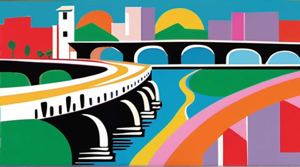 fauvism abstract painting; a bridge over a river painted by Henry Matisse; simple design; minimalist;
