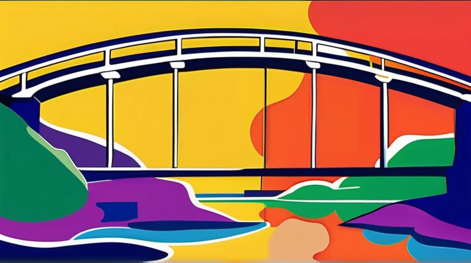 fauvism abstract painting; a bridge over a river painted by Henry Matisse; simple design; minimalist;
