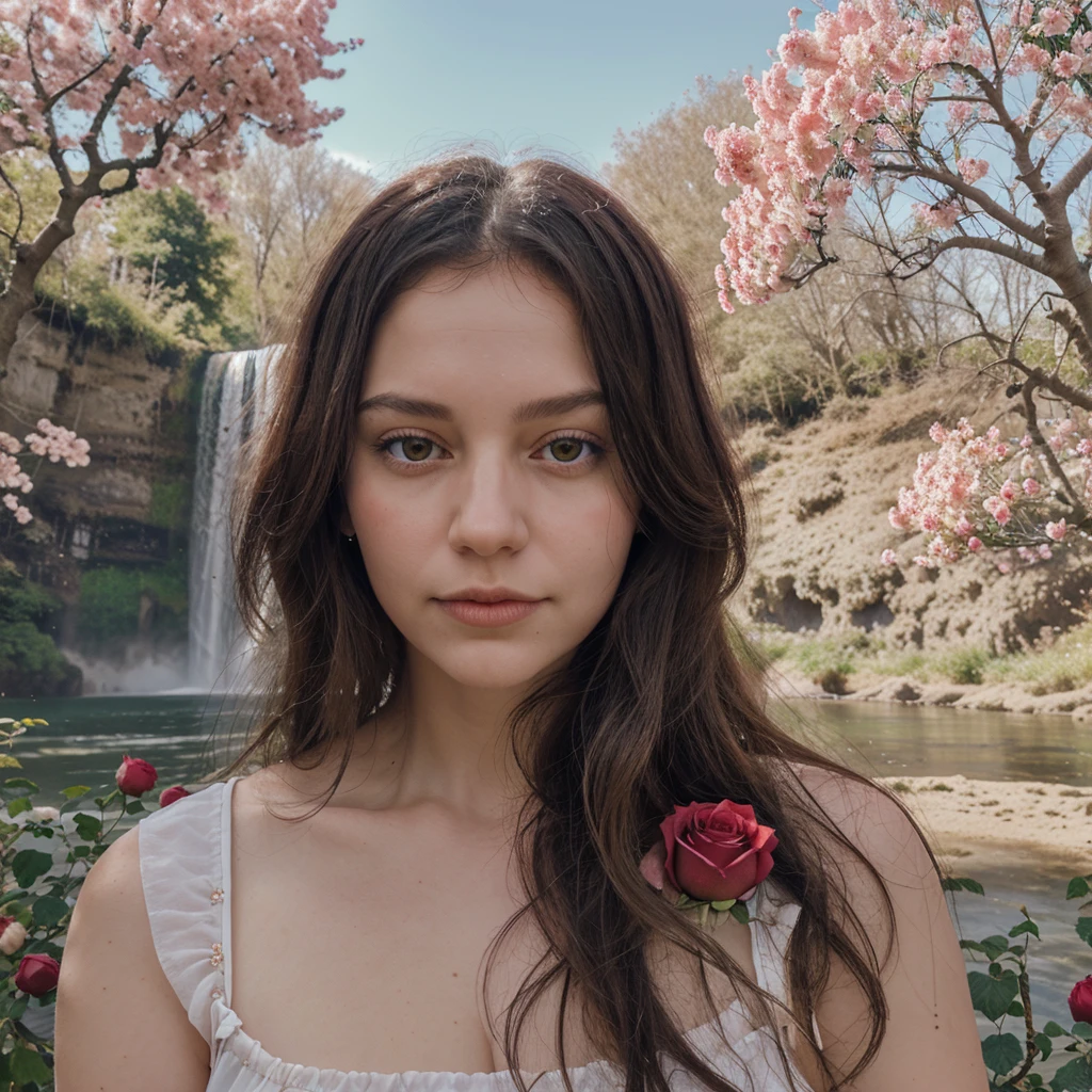 Make a portrait of a waterfall under which there are lots of roses and apple trees