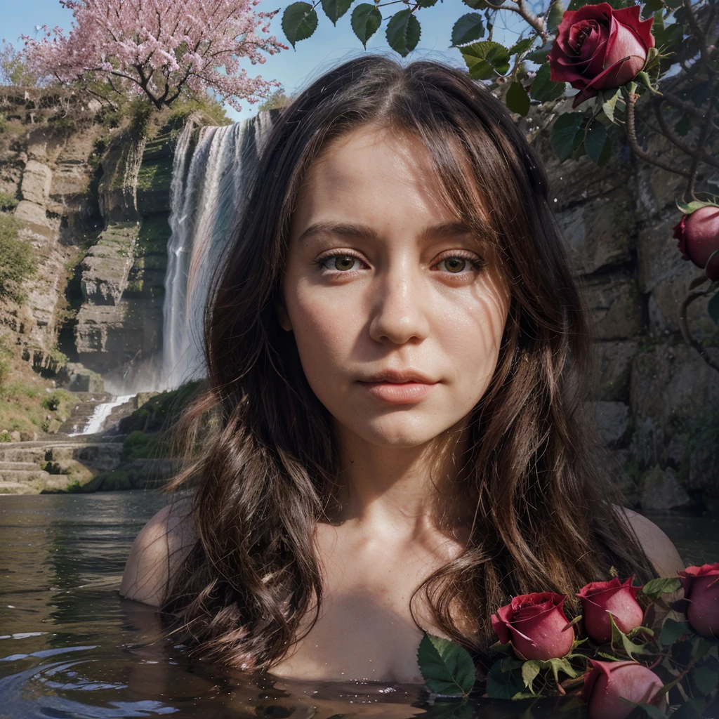 Make a portrait of a waterfall under which there are lots of roses and apple trees
