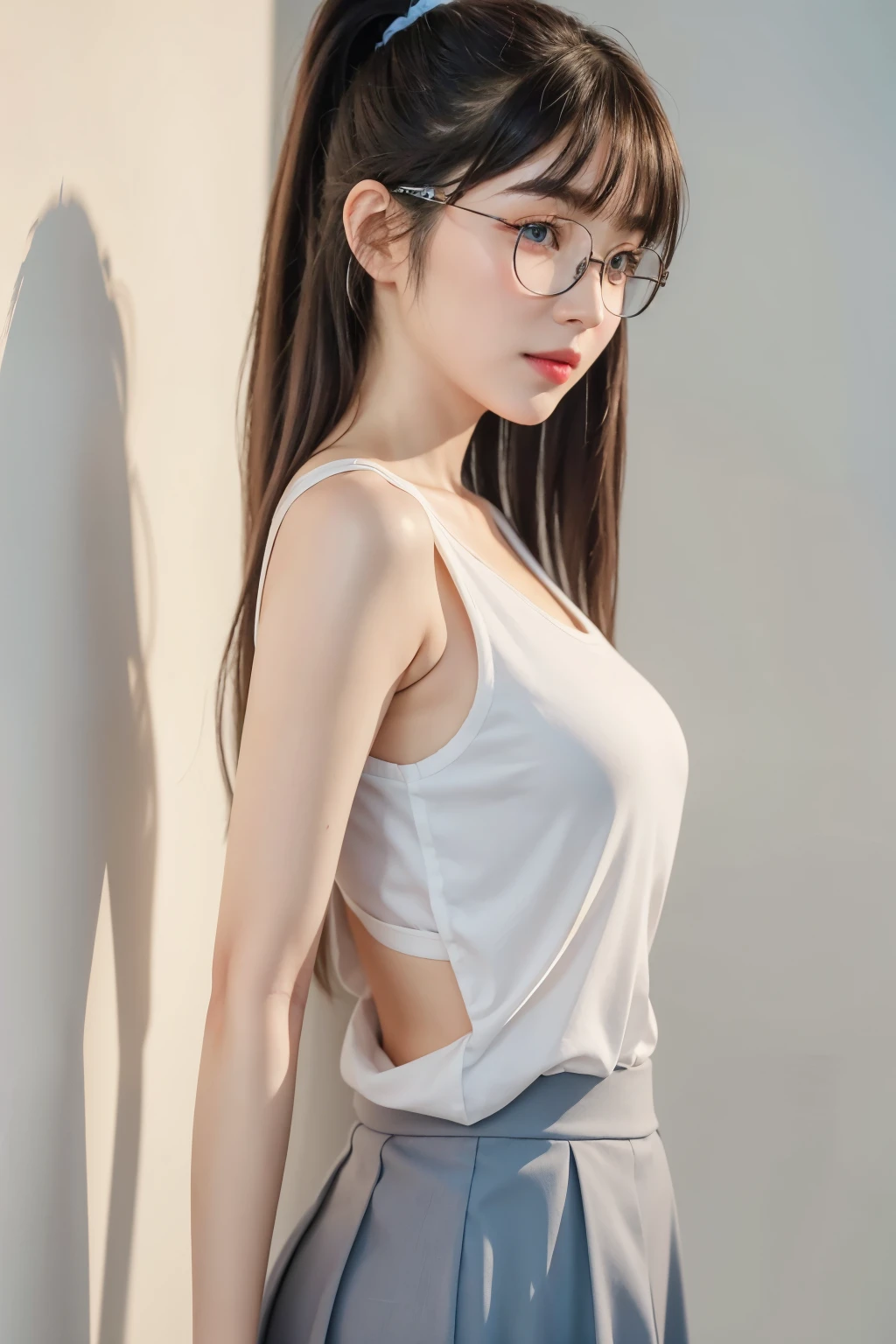 (Best quality, masterpiece, detailed), (RAW, 4k, hd images), shy, 1 girl, , white skin, long hair, ponytail, layers hair, bangs, black hair, beautiful girl, cute girl, sweet girl, pretty girl, perfect girl, pretty eyes, blue eyes, thin lips, thin, eye line, perfect round breast, glasses(detailed frame), simple background, smile, waist, thigh, tanktop, short pants, back side angle capture, half body, potrait, side breast,