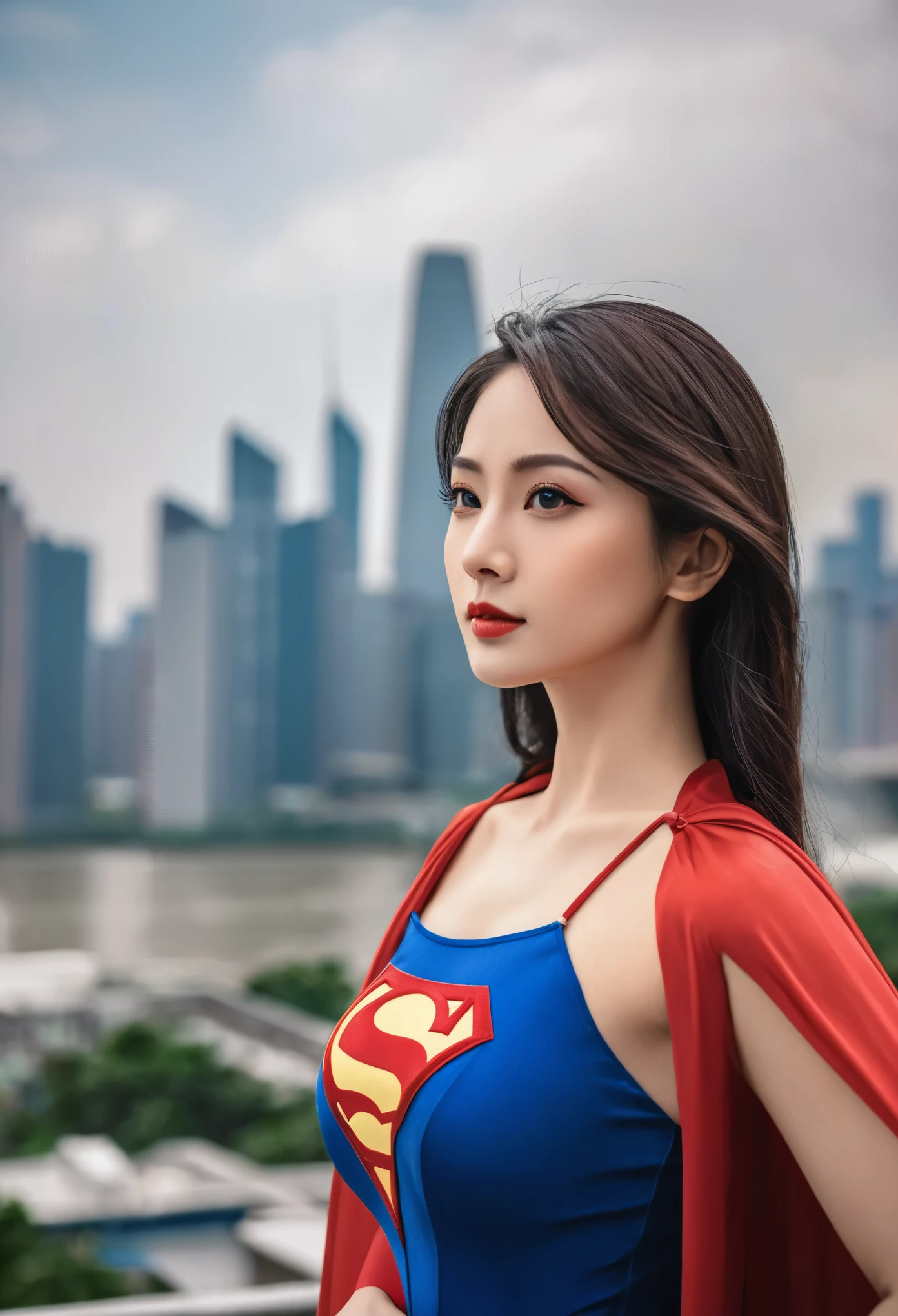 a close up of a asia woman in a superman costume standing on a cityscape, amouranth as a super villain, super photo realistic, realistic cosplay, super photo-realistic, ultra mega super hyper realistic, super-hero girl, super realistic photo, superhero body, highly detailed giantess shot, supergirl, superhero, superhero portrait, super model, super hero, super photorealistic, gigantic breasts, showing Vulvas muscular body, sexy body,