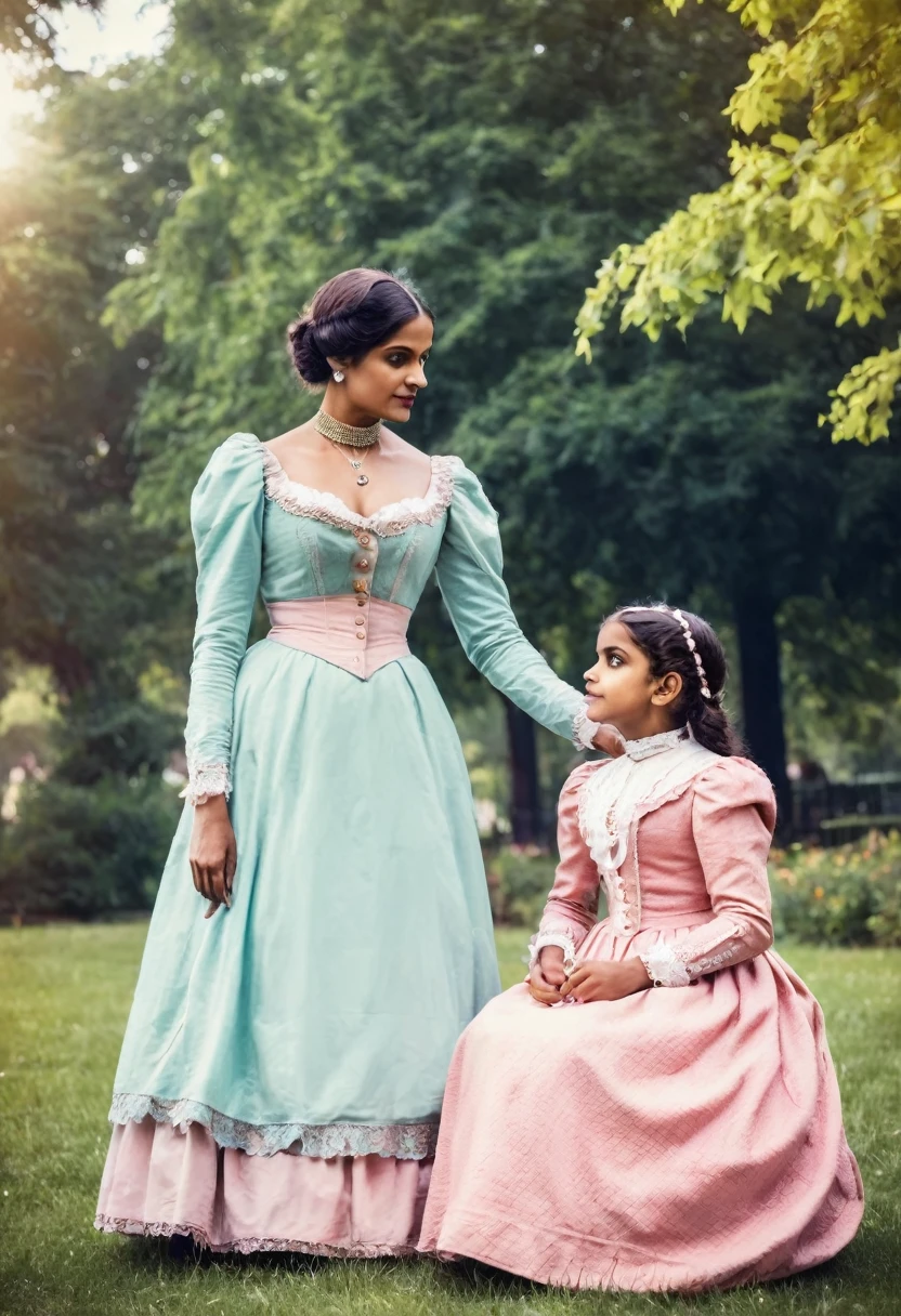 obese indian mother with daughter in victorian outfit in park,  19th century photo, deep focus, vintage film grain, color correction retro style, soft lighting,