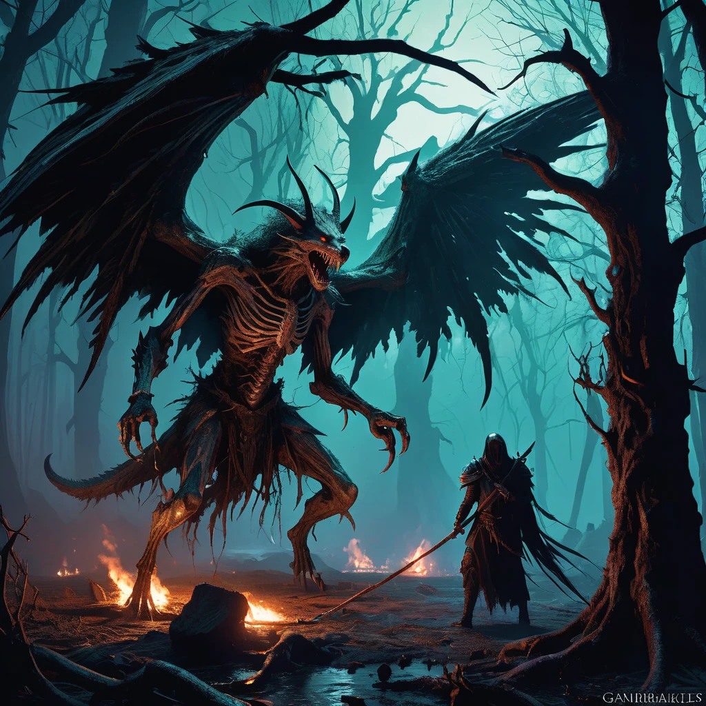 Under the twisted boughs of the cursed Hollowwood, two sinister figures lurk in the shadows. These skinwalkers, malevolent shapeshifters of ancient legend, are cloaked in the remnants of tattered, dark robes that barely conceal their grotesque transformations. Their eyes, glowing with an unnatural, predatory light, scan the moonlit forest with a hunger that chills the very air.
The first skinwalker, tall and gaunt, shifts seamlessly between human and beast, its features contorted into a horrifying blend of man and wolf. Its hands, tipped with elongated, razor-sharp claws, glisten with the blood of its latest victim. A twisted smile reveals rows of jagged teeth, ready to tear into flesh once more.
The second skinwalker, shorter but equally terrifying, adopts the guise of a monstrous raven. Its wings are tattered, yet powerful, and its beak is sharp enough to pierce armor. Feathers dark as midnight rustle ominously as it perches on a low-hanging branch, ready to swoop down with lethal precision.
The forest around them is alive with an eerie, unnatural energy. Trees with gnarled trunks and twisted branches seem to reach out like skeletal hands, while the ground is littered with bones and remnants of ancient curses. The air is thick with the stench of decay and the faint, haunting whispers of lost souls.
In the distance, a flickering light from a lone traveler’s campfire offers a brief respite from the oppressive darkness, unaware of the predators that circle just beyond the glow. The skinwalkers exchange a silent, knowing glance, their next target decided.
What dark rituals birthed these creatures? What ancient evil do they serve in this medieval realm? This AI-generated image captures the haunting and malevolent presence of skinwalkers in the foreboding woods of a dark medieval fantasy.