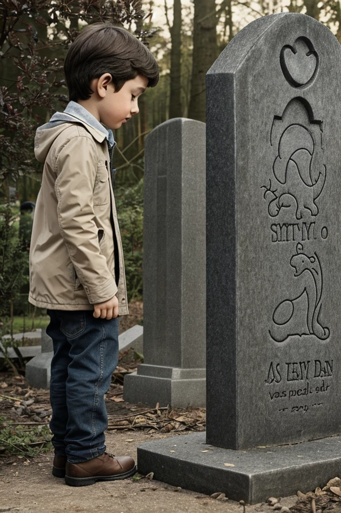 standing into his cat's gravestone, crying, drawing, detailed sketch, emotional, his cat is in heaven watching him