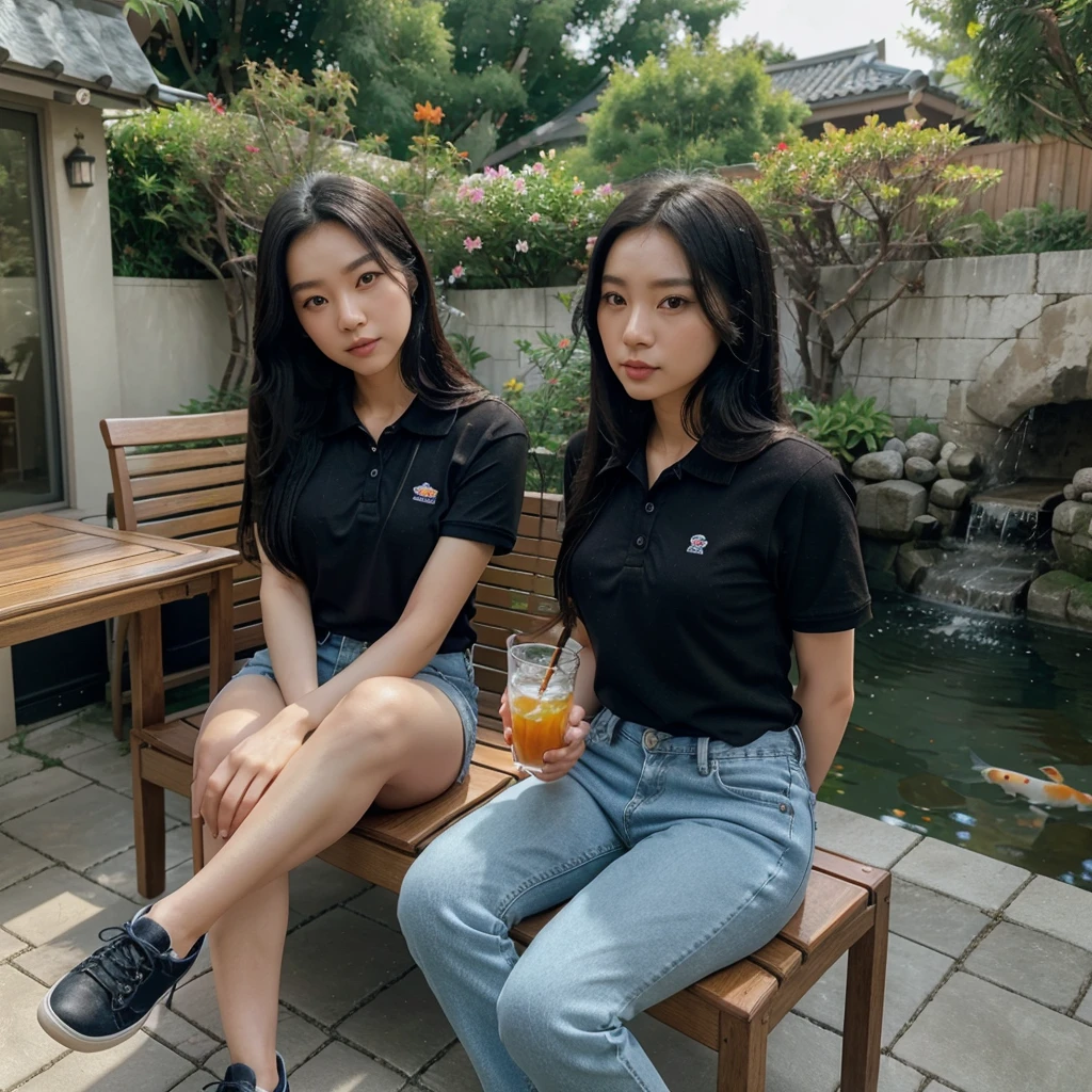A beautiful Korean woman,long black straight hair,blue polo shirt,jeans,canvas shoes,sitting relaxed on a chair on the terrace of the house,holding a glass of sweet tea,with a koi fish pond in front,10k uhd,300 dpi.