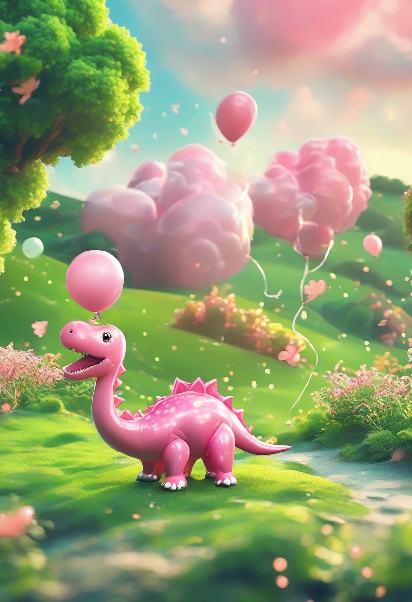 Cute pink dinosaur shaped balloon,Background grassland