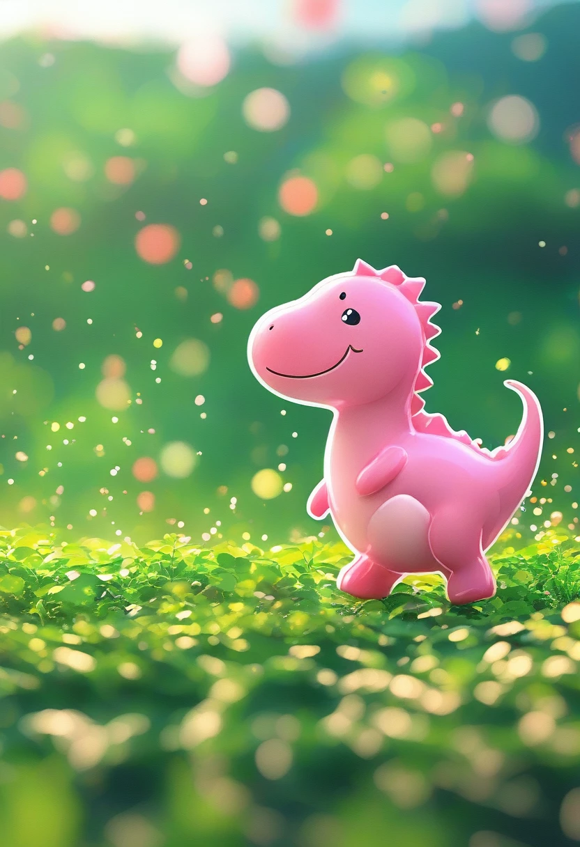 Cute pink dinosaur shaped balloon，Background grassland

