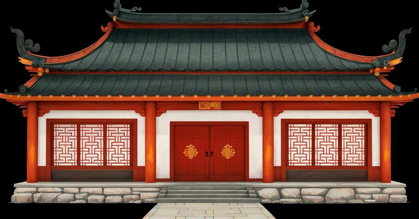 illustration of a traditional chinese building with a red door and a green roof, temple background, background depicting a temple, zen temple background, chinese building, palace background, background art, house background, random background scene, chinese palace, digital painting of a pagoda, game asset, 2d game asset, chinese style, tang dynasty palace, background artwork, chinese temple, japanese temple