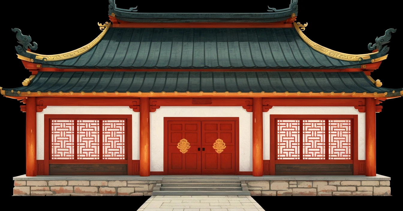 illustration of a traditional chinese building with a red door and a green roof, temple background, background depicting a temple, zen temple background, chinese building, palace background, background art, house background, random background scene, chinese palace, digital painting of a pagoda, game asset, 2d game asset, chinese style, tang dynasty palace, background artwork, chinese temple, japanese temple