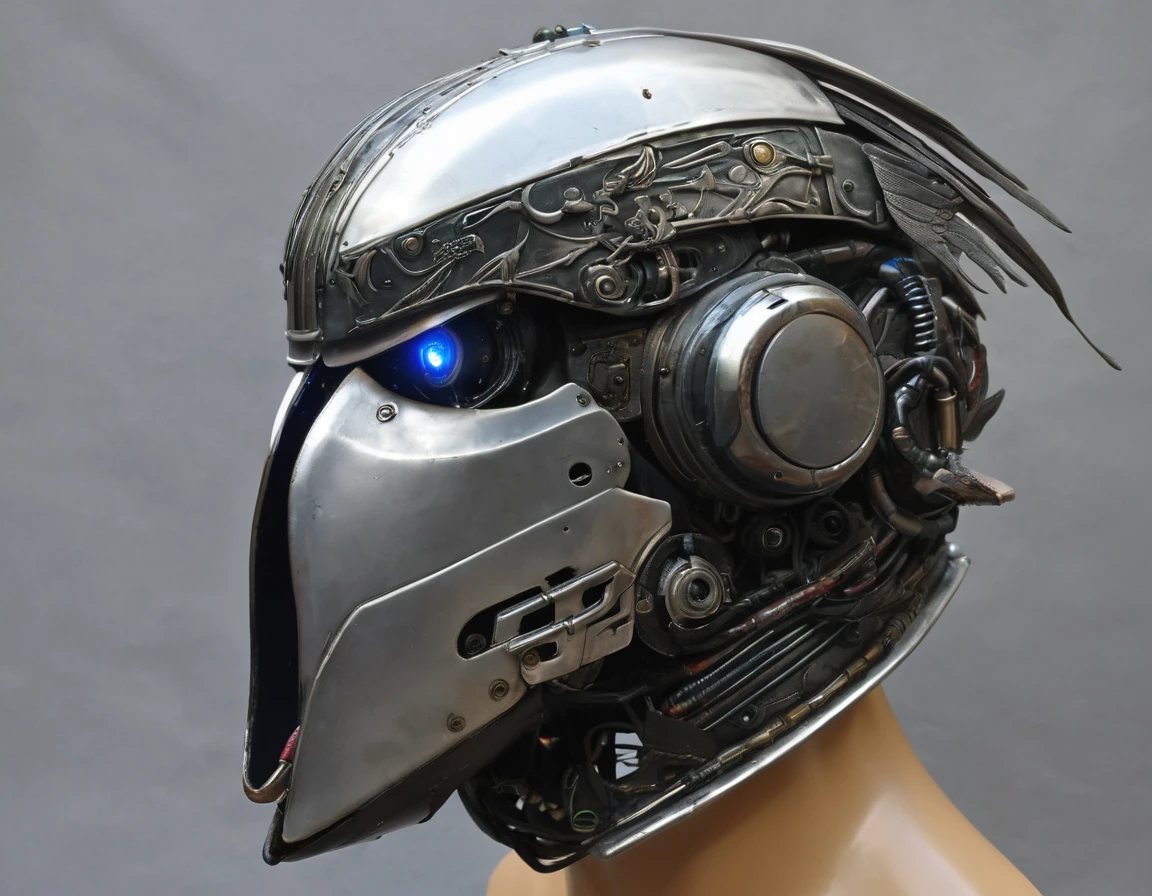 sci fi, crow head metal helmet robot, beak faceplate