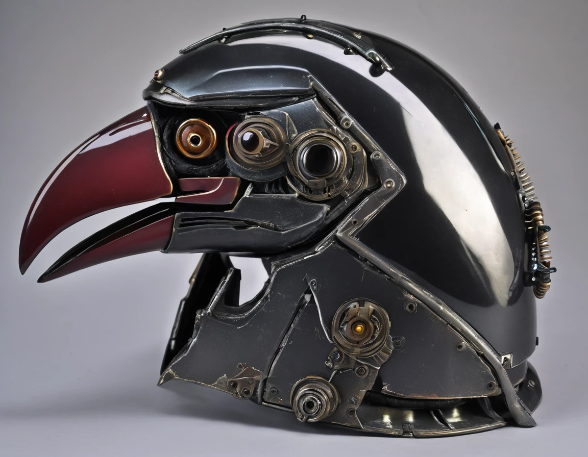 sci fi, crow head metal helmet robot, beak faceplate