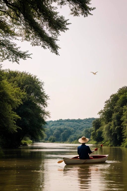 landscape. man in boat, paddling on a river, with big straw hat, Profile.
Pink Herons Flying