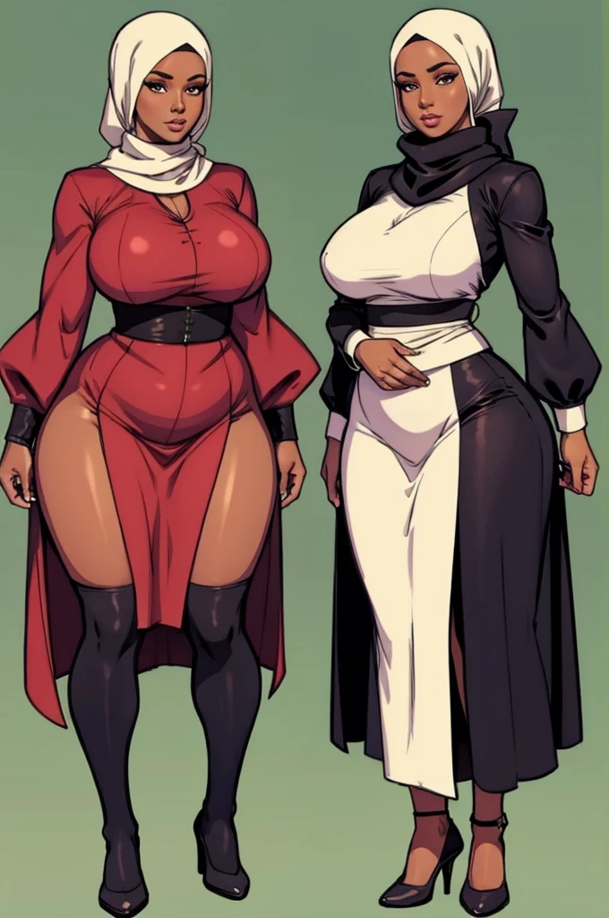 digital art, highly detailed, reference sheet, standing pose, legs uncrossed, hand pulling at cheek, feminine features, dark skin, overweight, curvy, corpulent, portly, mature woman, adult female, whole body, bald, form-fitting, abaya dress, scarf, long sleeves, long skirt, shoes, 1woman, solo, upper body, lower body, ((Extremely Detailed)), ((Best Quality)), ((Masterpiece)), ((4k)).
